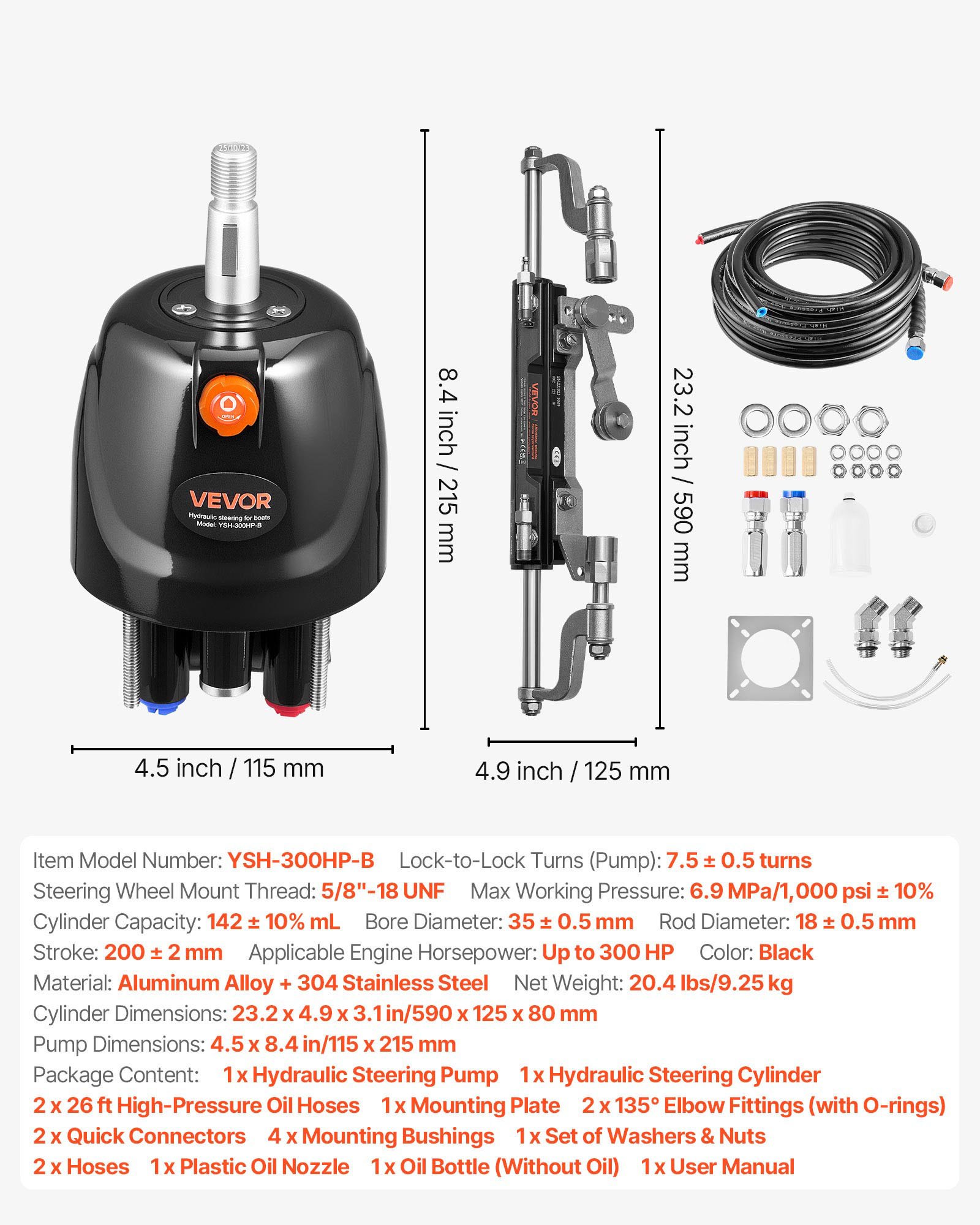 VEVOR Kit di Sterzo Idraulico per Motori Potenza max. 300 CV Sistema di Sterzo Idraulico per Barche, con Pompa del Timone da 1000 PSI Corsa 200 mm Capacità del Cilindro 142mL, Barca, Fuoribordo