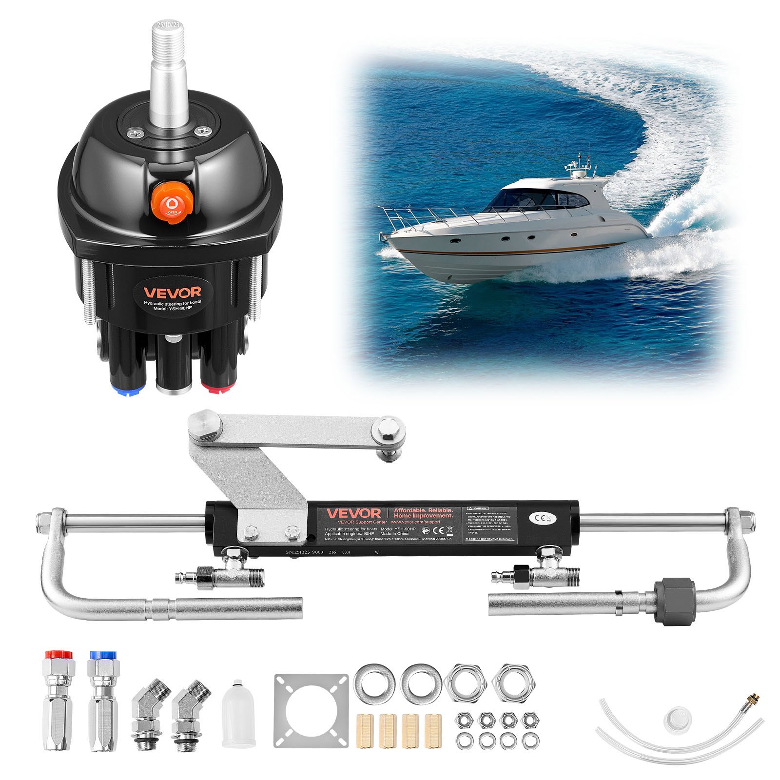 VEVOR Kit di Sterzo Idraulico 90 CV, Pompa per Timone di Sterzo Idraulico, Pressione di Esercizio max. da 1000 PSI, Alloggiamento in Lega di Alluminio, Valvola di Ritegno, per Fuoribordo, Barche