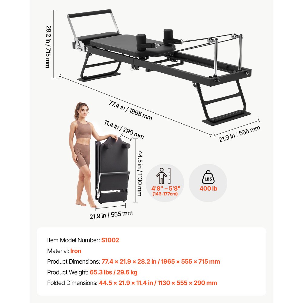 VEVOR Pilates Reformer Pieghevole Carico 181kg Lunghezza 1,9m Telaio Ferro Attrezzatura per Allenamento Fisico, Pedana Pilates da Palestra, Esercizio per Forza, Mobilità, Flessibilità, Controllo Corpo