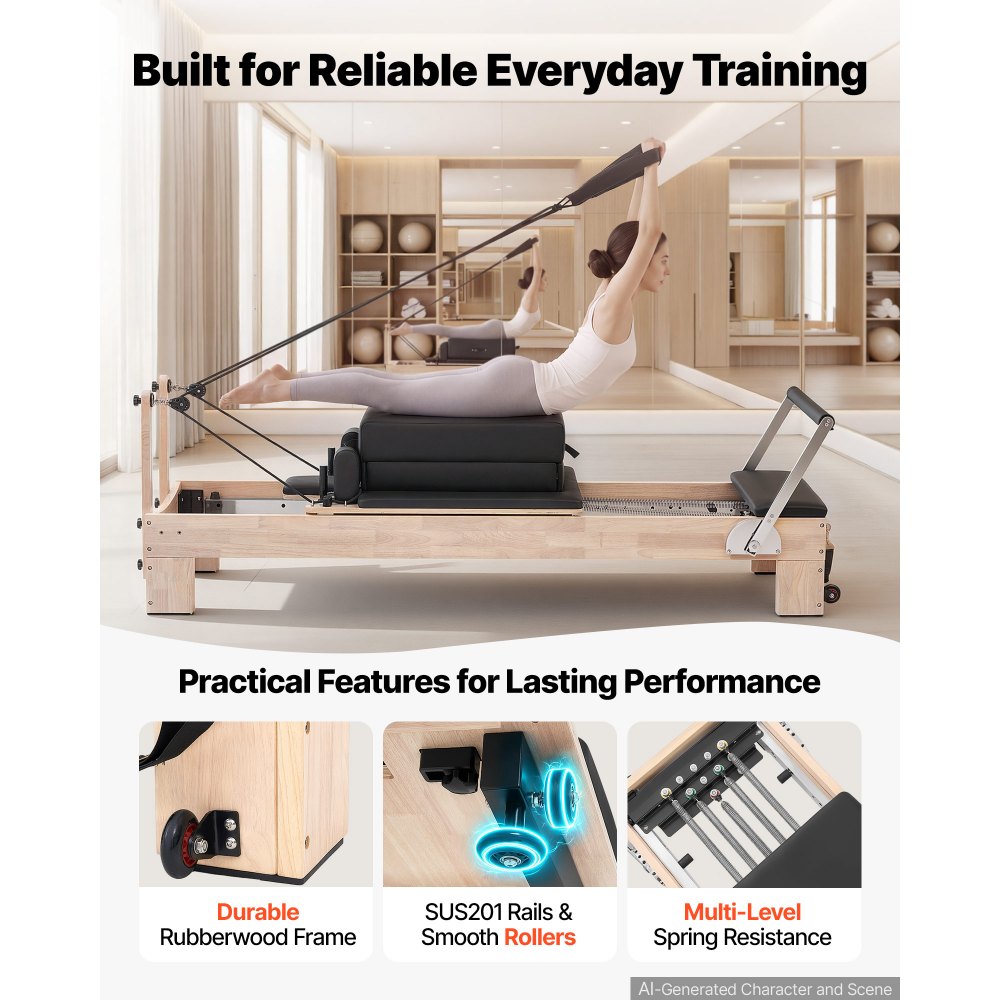VEVOR Pilates Reformer per Fitness Portata 181kg Legno di Caucciù Palestra Macchina per Allenamento Lunghezza 2,4m, con Pedana Salto, Panca Seduta, Poggiatesta Regolabile, per Principianti, Avanzati