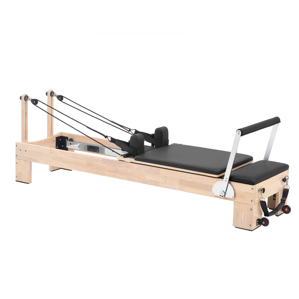 VEVOR Pilates Reformer per Fitness Portata 181kg Legno di Caucciù Palestra Macchina per Allenamento Lunghezza 2,4m, con Pedana Salto, Panca Seduta, Poggiatesta Regolabile, per Principianti, Avanzati