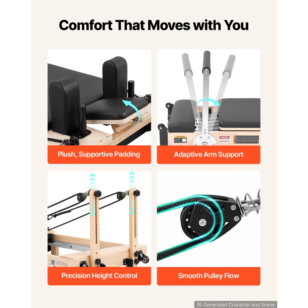 VEVOR Pilates Reformer 2.3 m Foldable Pilates Machine 181 kg Rubberwood, for Home Use and Gym Workout, with Jump Board, Springs, Sitting Box, and Adjustable Headerest, for Advanced Beginners Users