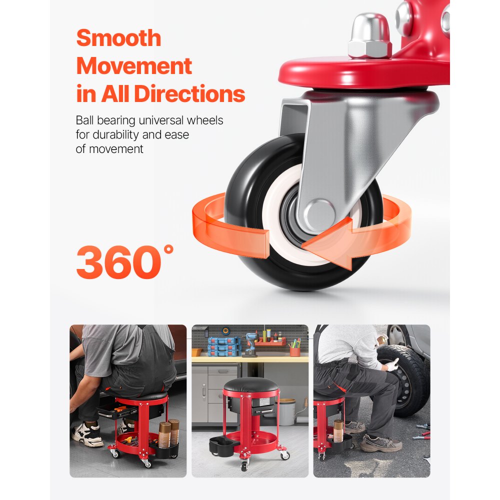 VEVOR rolling workshop stool/seat (136 kg load capacity), garage seat/work stool, padded rolling seat with fixed height, tool tray, and 2 drawers for garage, workshop, and car repair.
