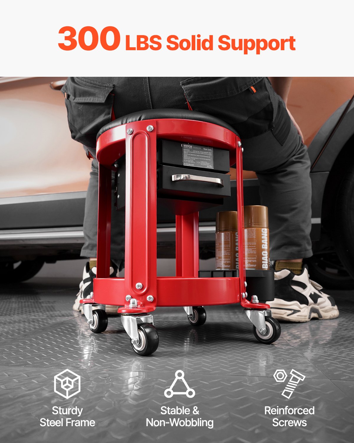 VEVOR rolling workshop stool/seat (136 kg load capacity), garage seat/work stool, padded rolling seat with fixed height, tool tray, and 2 drawers for garage, workshop, and car repair.