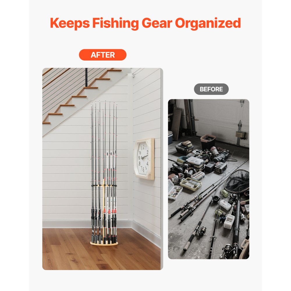 VEVOR Portacanne da Pesca per 16 Aste 330 x 770 mm Supporto in Legno Girevole a 360°, Rotondo, per Organizzare e Riporre Canne, Supporto da Pavimento Salvaspazio per Attrezzatura da Pesca
