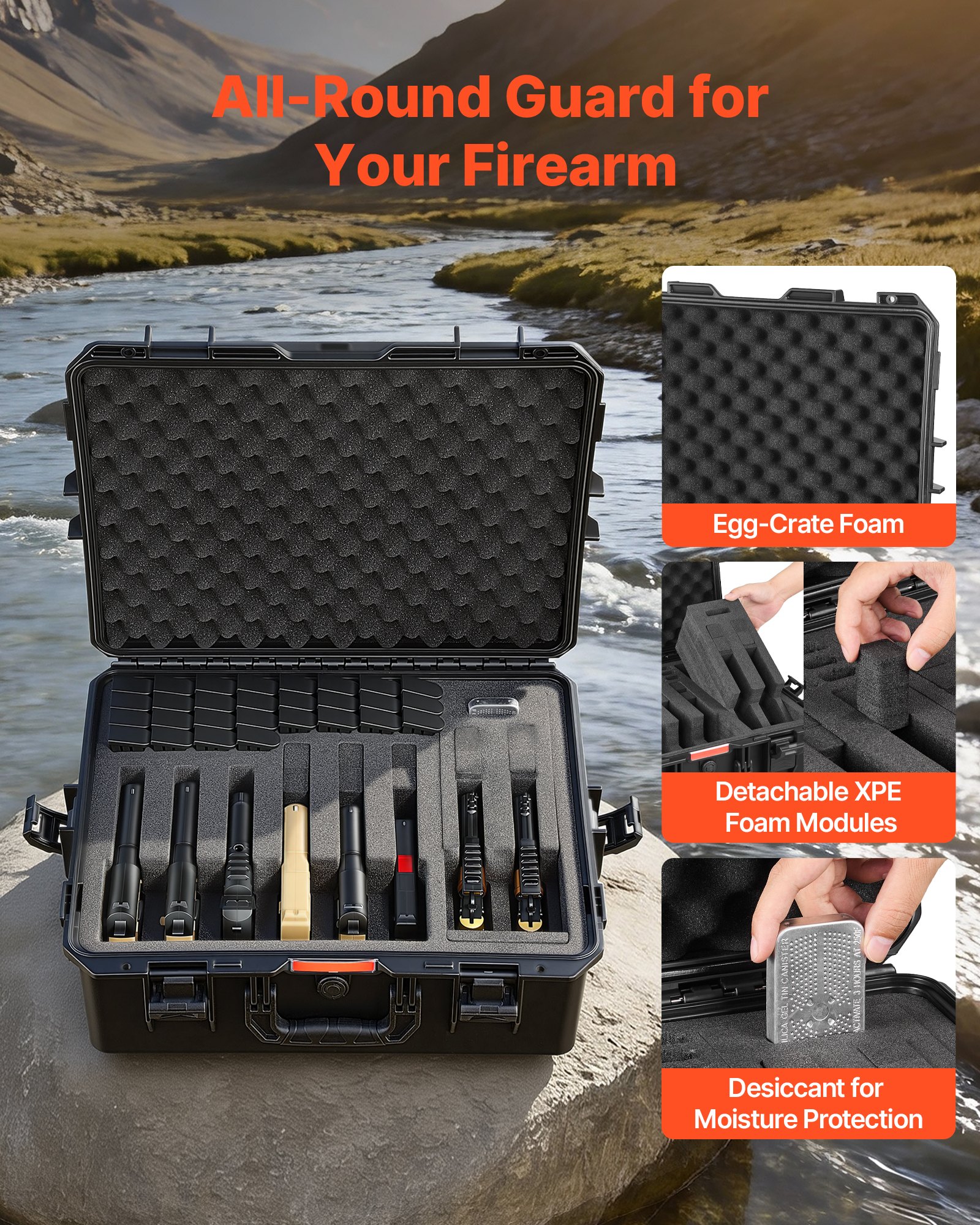 VEVOR Custodia Rigida Protettiva per Armi Pistola Capienza 8 pezzi Custodia per Pistola in Schiuma XPE 556x455x225 mm Impermeabile IP67 con Maniglia per Trasporto, Valigia Portapistola Rigida