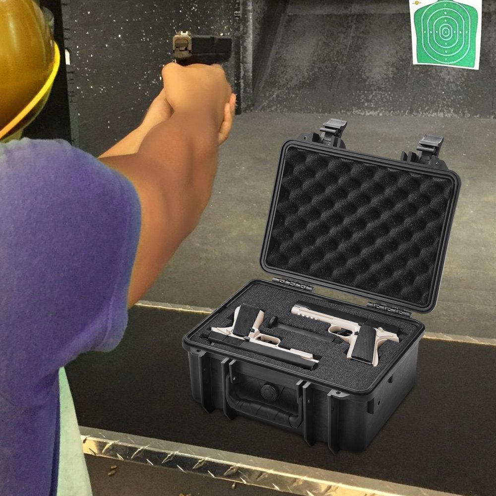 VEVOR Custodia Rigida per Pistola 365 x 295 x 197 mm Custodia per Pistola con Schiuma PU Pretagliata, Custodia Rigida Impermeabile e Antipolvere per 2 Pistole, con Serratura, Materiale Guscio PP, Nera