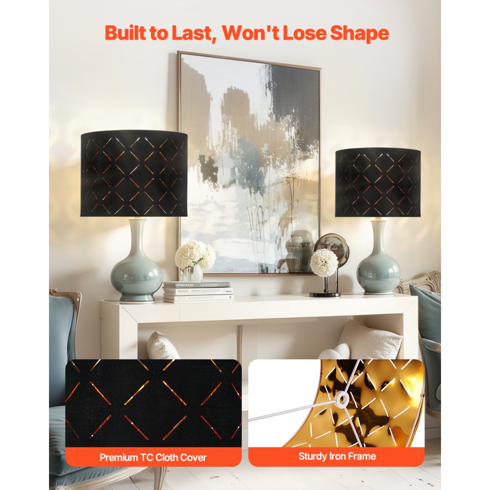 VEVOR Lampshade Drum 33x33x25 cm (top x bottom x height), 2 medium-sized replacement shades made of TC fabric + PET, lampshade with harp for table lamps and floor lamps (black diamond hollow design)