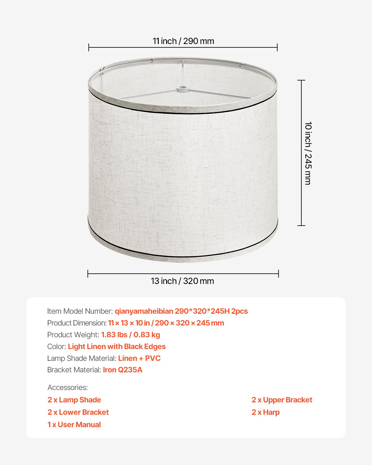 VEVOR Lampshade Drum 290 x 320 x 245 mm (top x bottom x height), 2 replacement shades made of linen + PVC lampshade with harp for table lamps and pendant lights (light linen with black border)