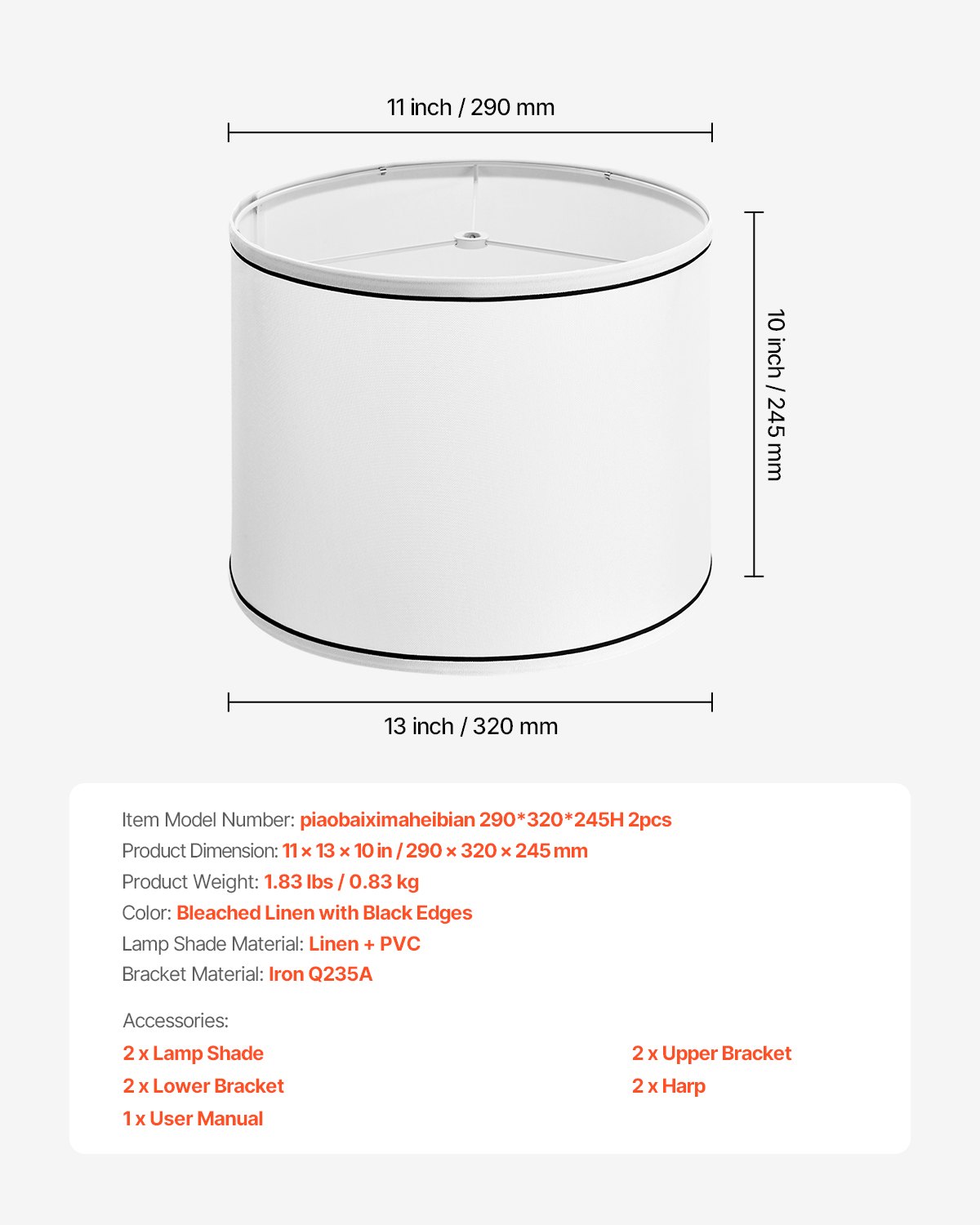 VEVOR Paralume Set da 2 Pezzi Copri Lampadine con Arpa 290 x 320 x 245 mm, Paralume di Ricambio per Lampade da Tavolo, Lampada da Terra Lampadine a Sospensione, Lino Bianco