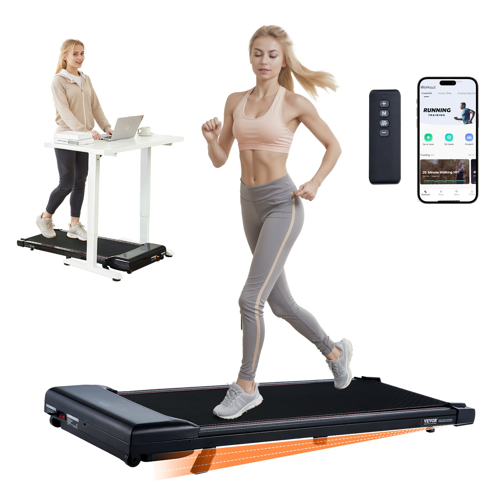 VEVOR Walking Pad Treadmill for Under-Desk Use, Treadmill for Working, Functional Treadmill with 120 kg Weight Capacity, Portable Pad with 2.5 HP, Remote Control, LED Display, Adjustable Speed 1-6 km/h