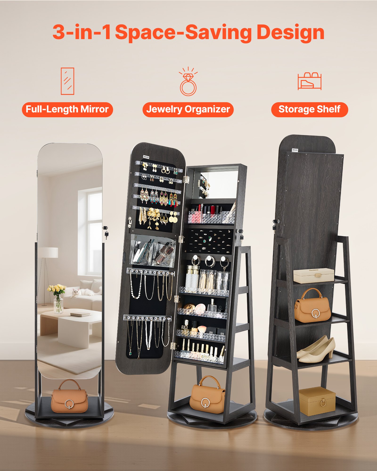 VEVOR Armadietto Portagioielli Girevole, 1,6 m Altezza, Organizzatore con Specchio a Figura Intera e Spazio di Archiviazione, 2 Chiavi, Tasche per Accessori e Scomparti di Archiviazione