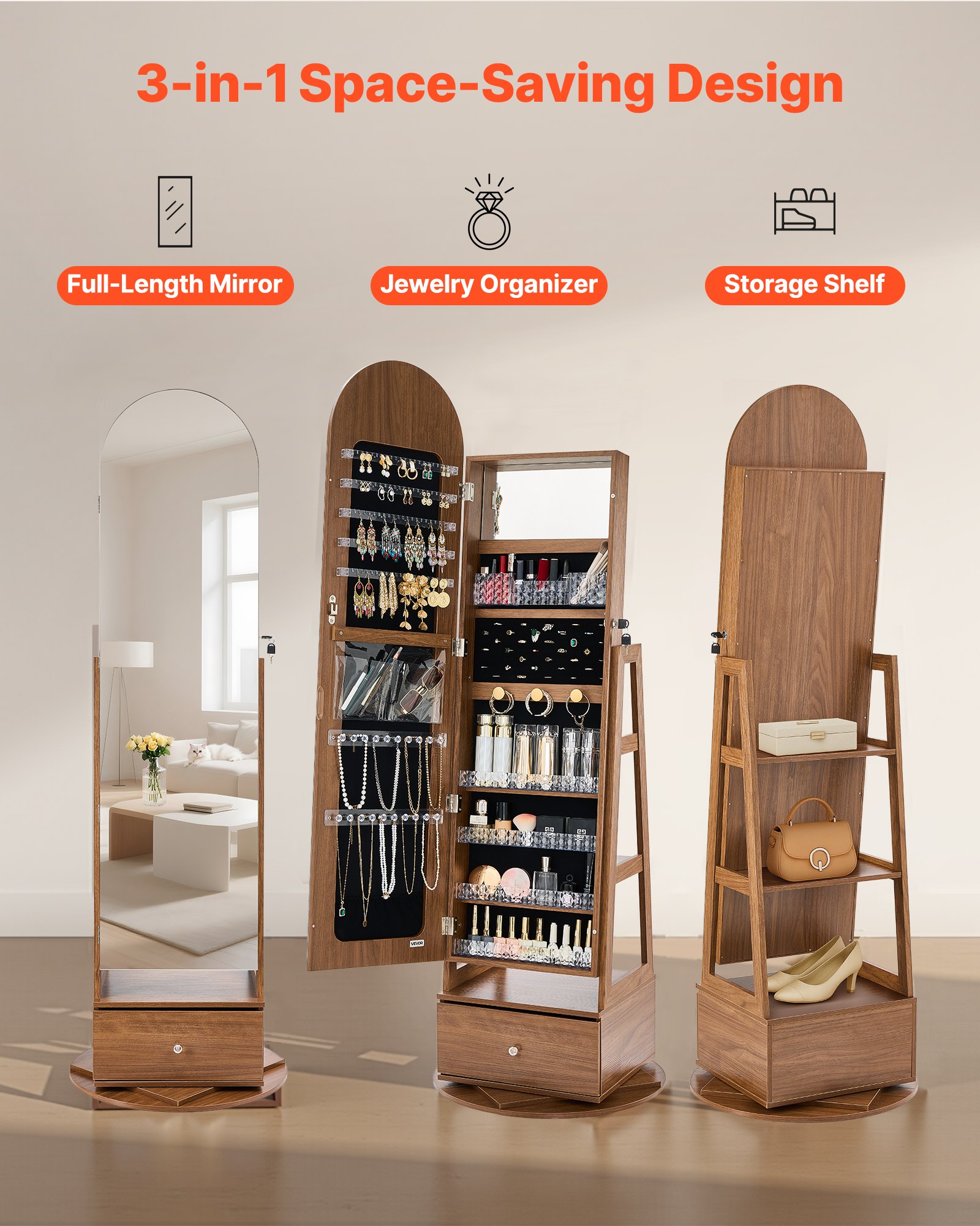 VEVOR Mobiletto Portagioielli Girevole, Altezza 1655 mm, Organizzatore con Specchio a Figura Intera e Spazio di Archiviazione, 2 Chiavi, Tasche per Accessori e Scomparti di Archiviazione e Cassetti
