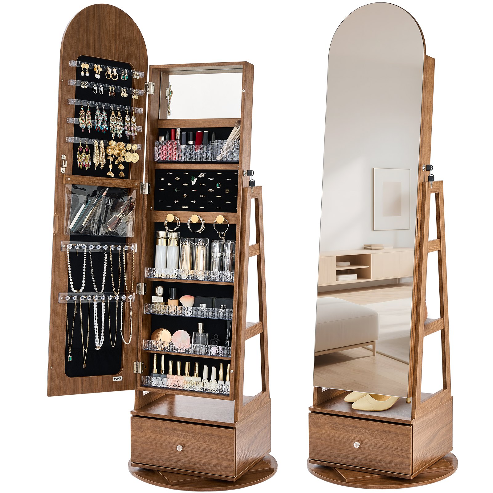 VEVOR Mobiletto Portagioielli Girevole, Altezza 1655 mm, Organizzatore con Specchio a Figura Intera e Spazio di Archiviazione, 2 Chiavi, Tasche per Accessori e Scomparti di Archiviazione e Cassetti