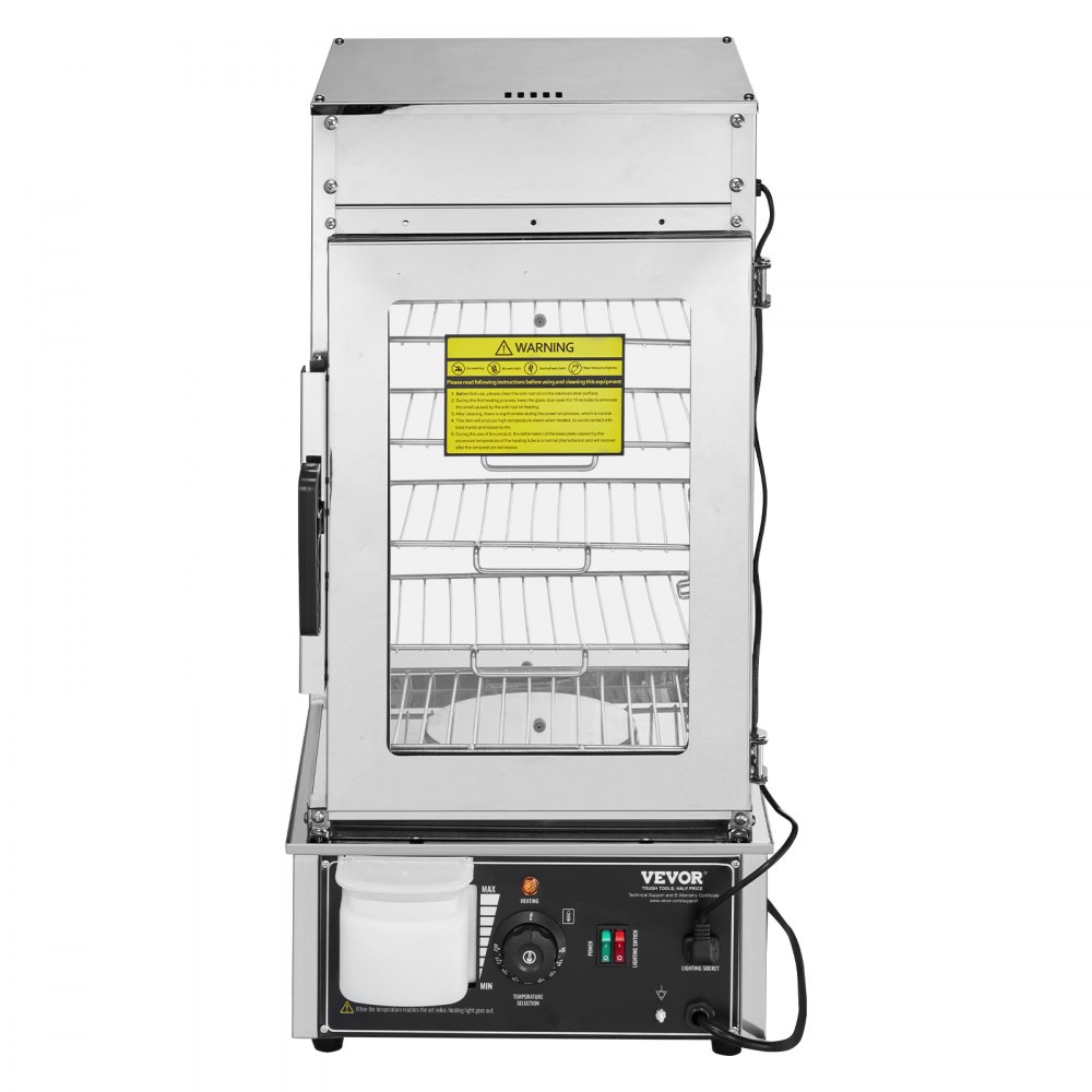 VEVOR Espositore Scaldavivande Commerciale 5 Ripiani 1200W, Controllo Temperatura 30℃~110℃, Scaldavivande in Acciaio Inox e vetro con LED, Riscaldamento a Vapore, per Panini al Vapore Siomai Corn