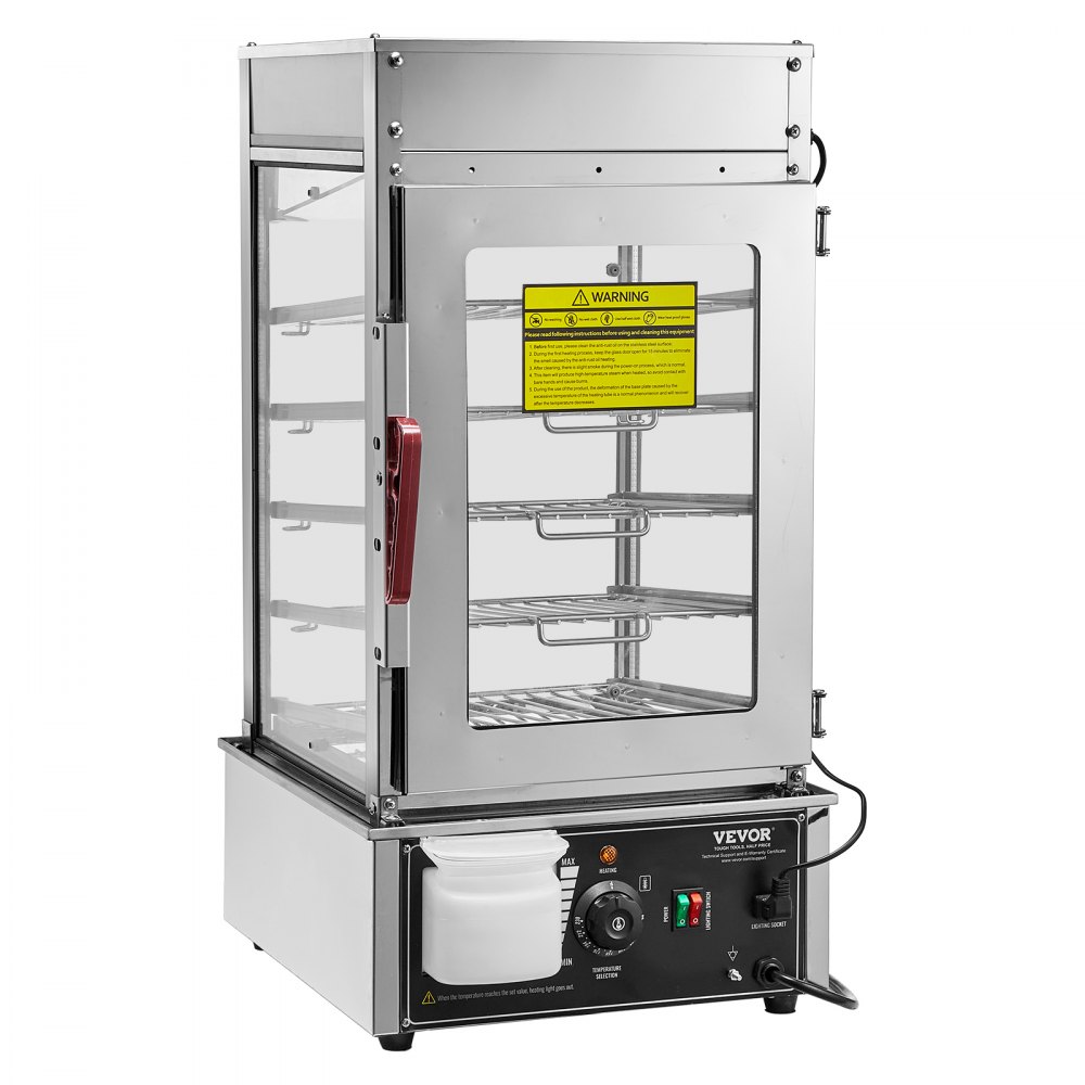 VEVOR Espositore Scaldavivande Commerciale 5 Ripiani 1200W, Controllo Temperatura 30℃~110℃, Scaldavivande in Acciaio Inox e vetro con LED, Riscaldamento a Vapore, per Panini al Vapore Siomai Corn