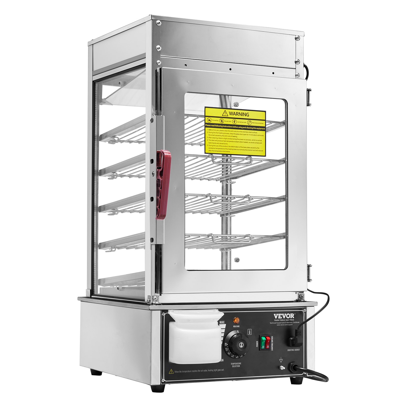 VEVOR Espositore Scaldavivande Commerciale 5 Ripiani 1200W, Controllo Temperatura 30℃~110℃, Scaldavivande in Acciaio Inox e vetro con LED, Riscaldamento a Vapore, per Panini al Vapore Siomai Corn