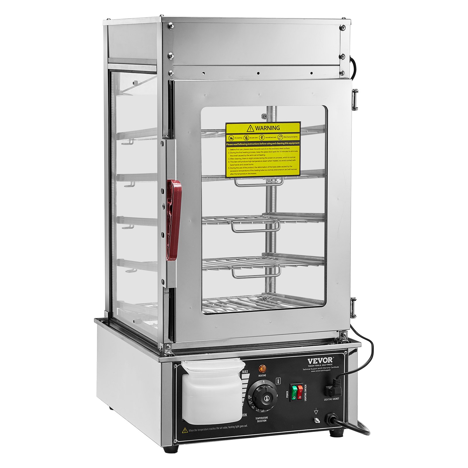 VEVOR Espositore Scaldavivande Commerciale 5 Ripiani 1200W, Controllo Temperatura 30℃~110℃, Scaldavivande in Acciaio Inox e vetro con LED, Riscaldamento a Vapore, per Panini al Vapore Siomai Corn