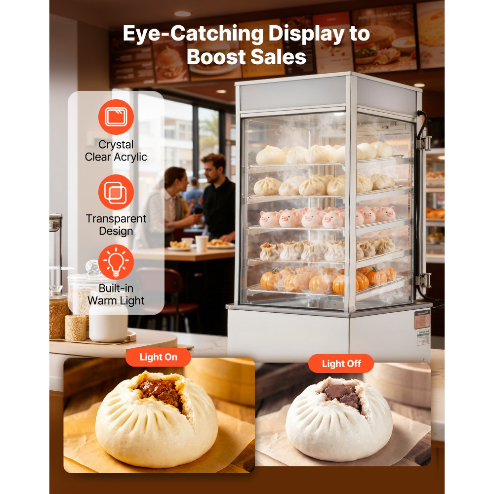 VEVOR Espositore Scaldavivande Commerciale a 5 Ripiani, Espositore Scaldavivande da 1200 W con Luce LED, Ripiano Regolabile e Struttura in Acciaio Inossidabile da 120 L per Hamburger, Pizza, Pane