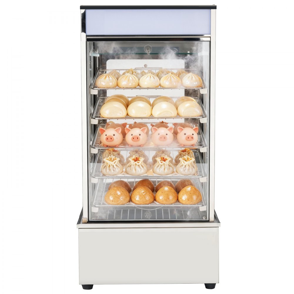 VEVOR Espositore Scaldavivande Commerciale a 5 Ripiani, Espositore Scaldavivande da 1200 W con Luce LED, Ripiano Regolabile e Struttura in Acciaio Inossidabile da 120 L per Hamburger, Pizza, Pane