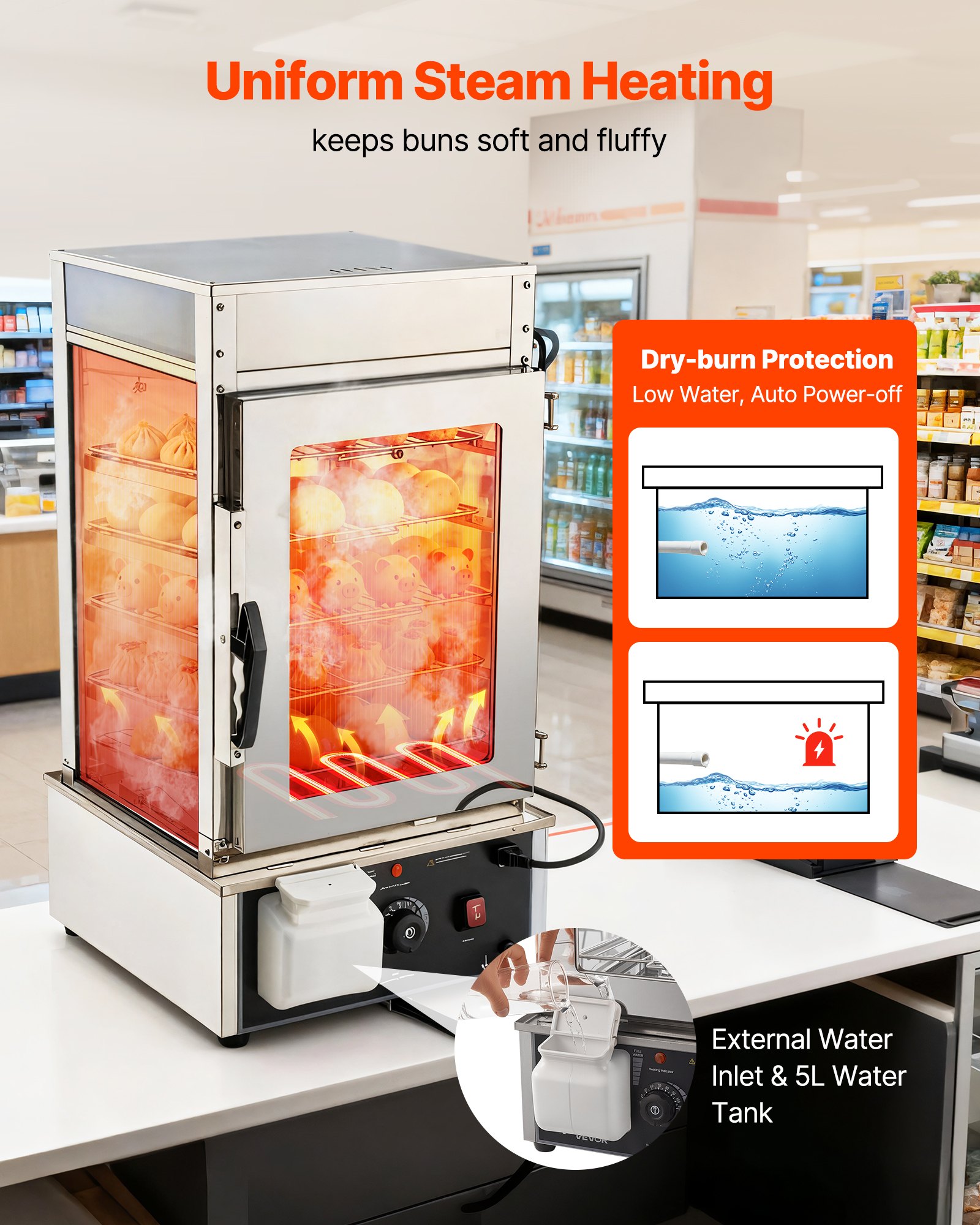 VEVOR Espositore Scaldavivande Commerciale a 5 Ripiani, Espositore Scaldavivande da 1200 W con Luce LED, Ripiano Regolabile e Struttura in Acciaio Inossidabile da 120 L per Hamburger, Pizza, Pane