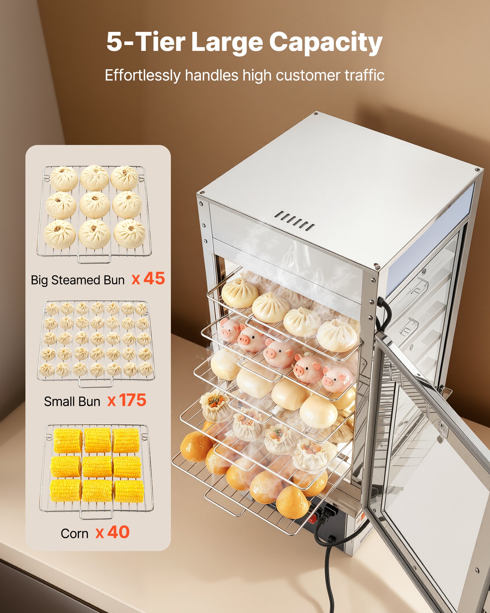 VEVOR Espositore Scaldavivande Commerciale a 5 Ripiani, Espositore Scaldavivande da 1200 W con Luce LED, Ripiano Regolabile e Struttura in Acciaio Inossidabile da 120 L per Hamburger, Pizza, Pane