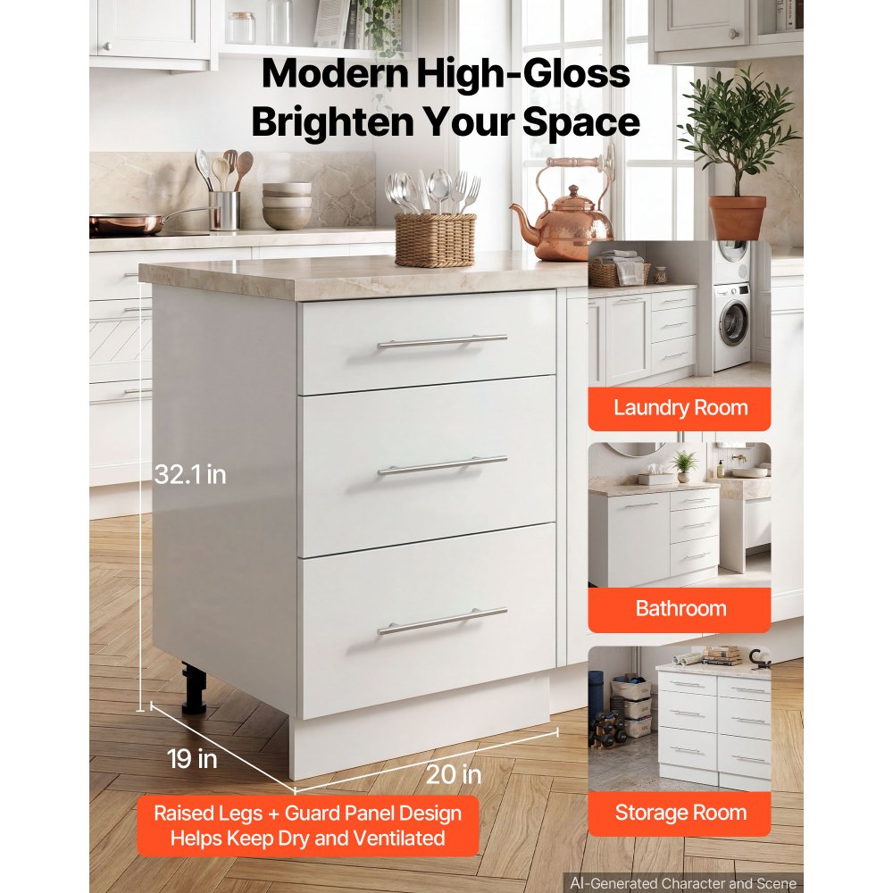 VEVOR Mobiletto Base Pronto per Montaggio con 3 Cassetti da Casa Bianco Mobiletto non Assemblato, Dimensioni Generali 500x475x815 mm, Chiusura Ammortizzata, per Cucina, Ufficio, Soggiorno, Bagno