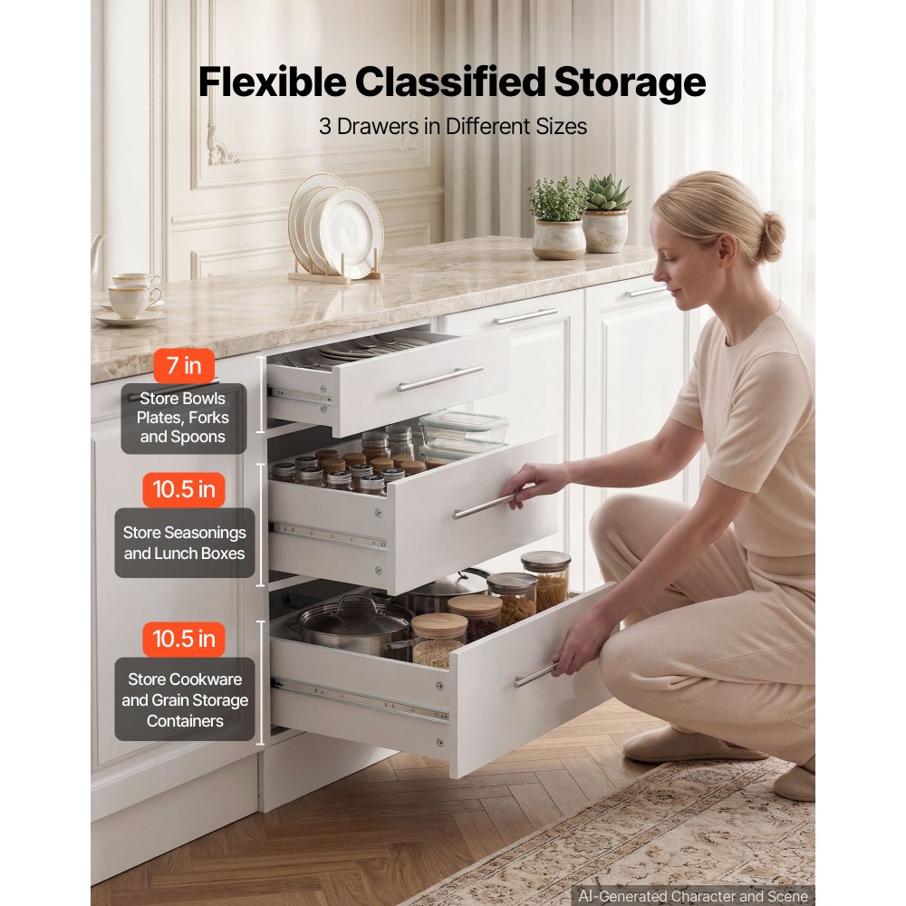 VEVOR Mobiletto Base Pronto per Montaggio con 3 Cassetti da Casa Bianco Mobiletto non Assemblato, Dimensioni Generali 500x475x815 mm, Chiusura Ammortizzata, per Cucina, Ufficio, Soggiorno, Bagno