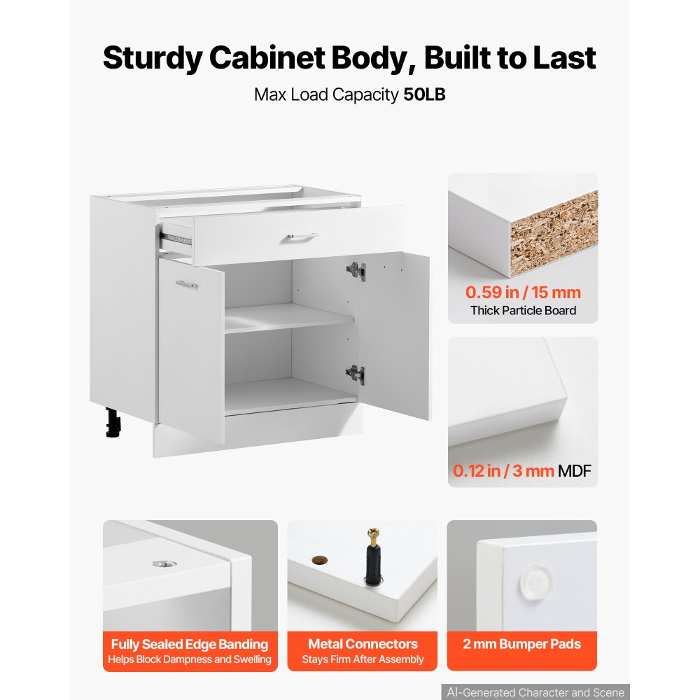 VEVOR Mobiletto Base Pronto per Montaggio Larghezza 80cm 1 Cassetto 2 Ante Mobiletto non Assemblato, 800 x 475 x 815mm, Chiusura Ammortizzata, Ripiano Regolabile, per Cucina, Ufficio, Soggiorno, Bagno