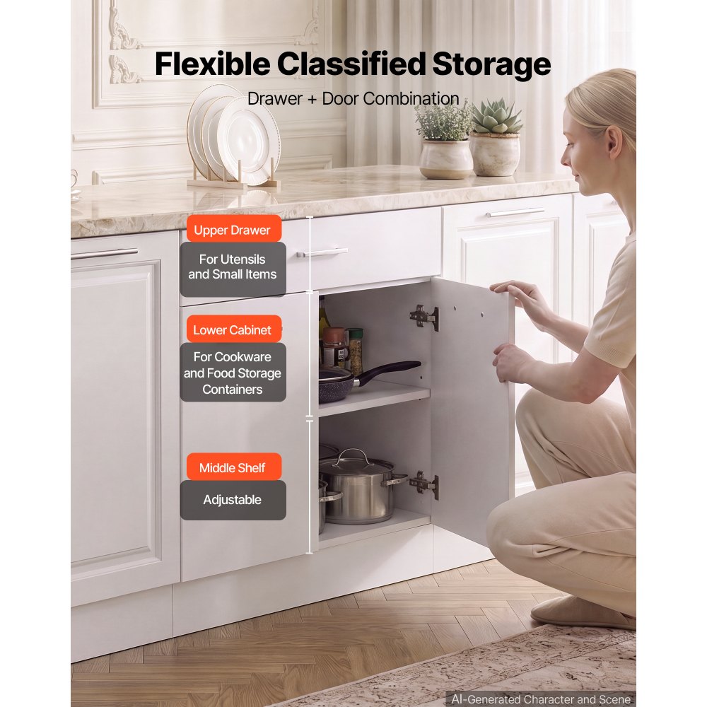 VEVOR Mobiletto Base Pronto per Montaggio Larghezza 80cm 1 Cassetto 2 Ante Mobiletto non Assemblato, 800 x 475 x 815mm, Chiusura Ammortizzata, Ripiano Regolabile, per Cucina, Ufficio, Soggiorno, Bagno