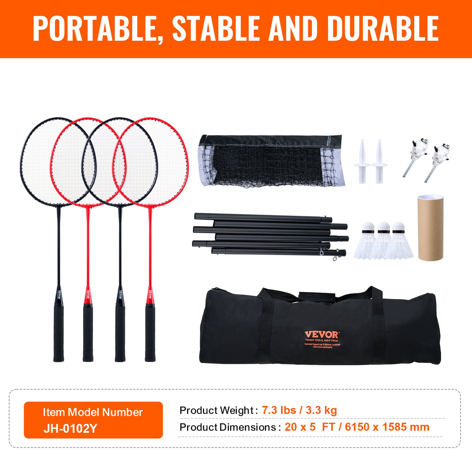 VEVOR Set Rete da Badminton, Rete da Badminton per Parco da Spiaggia all'Aperto nel Cortile, Rete da Badminton con Pali, Borsa per il Trasporto, 4 Racchette in Ferro e 3 Volani in Nylon