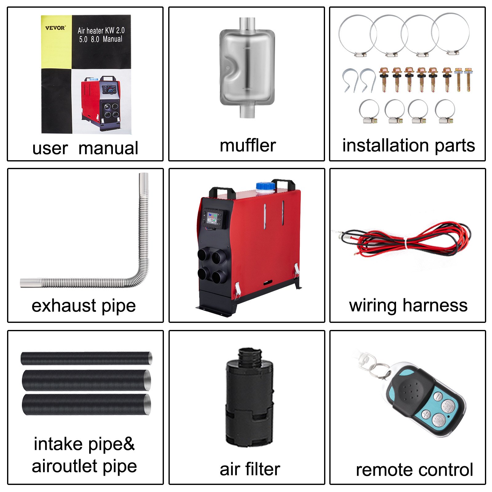 VEVOR Riscaldamento da Parcheggio Diesel, 5KW 12V Riscaldatore ad Aria Diesel Integrata con 4 Uscita d'Aria, Riscaldatore di Parcheggio con LCD e Telecomando, Kit Completo di Riscaldatore Diesel 12V