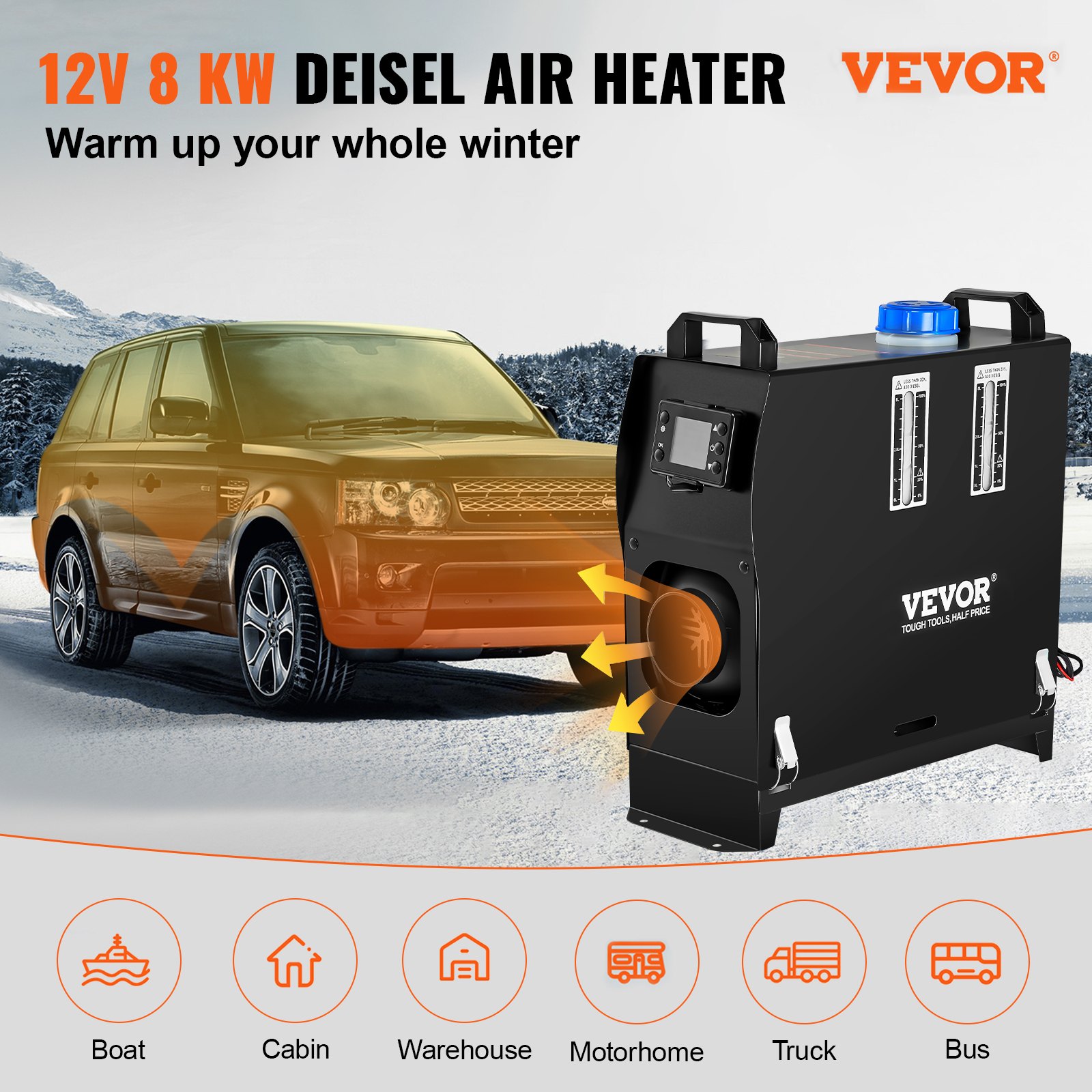 VEVOR Carburante Gasolio Riscaldatore ad Aria Diesel 12V Riscaldatore di Parcheggio Riscaldatore per Camion Auto Barca 8KW Monoforo Interruttore