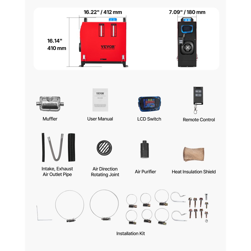 VEVOR Riscaldatore d'Aria di Parcheggio Diesel, 12-24V 8KW, Riscaldamento Rapido con Telecomando e Interruttore LCD Blu, Silenzioso, Funzione di Preriscaldamento per Camper, Camion