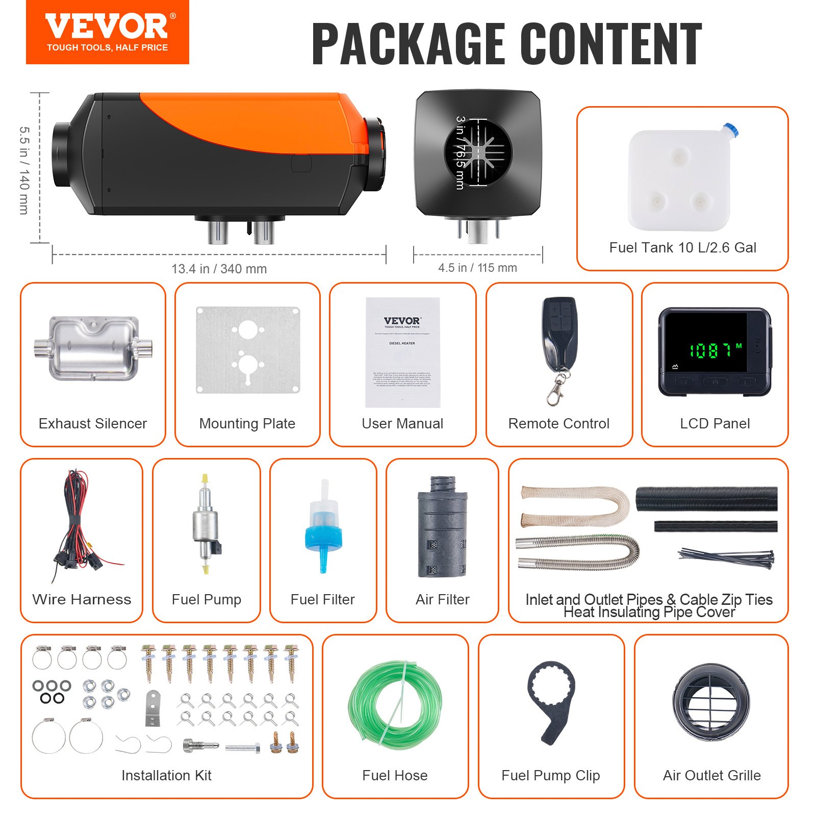 VEVOR Riscaldatore d'Aria Diesel per Auto Camper Camion RV 12&24V 2KW Temperatura Regolabile 8℃ -36℃ Controllo Remoto, Riscaldatore da Parcheggio per Auto Consumo di Carburante 0,16-0,26L/h BTU 10-15m²