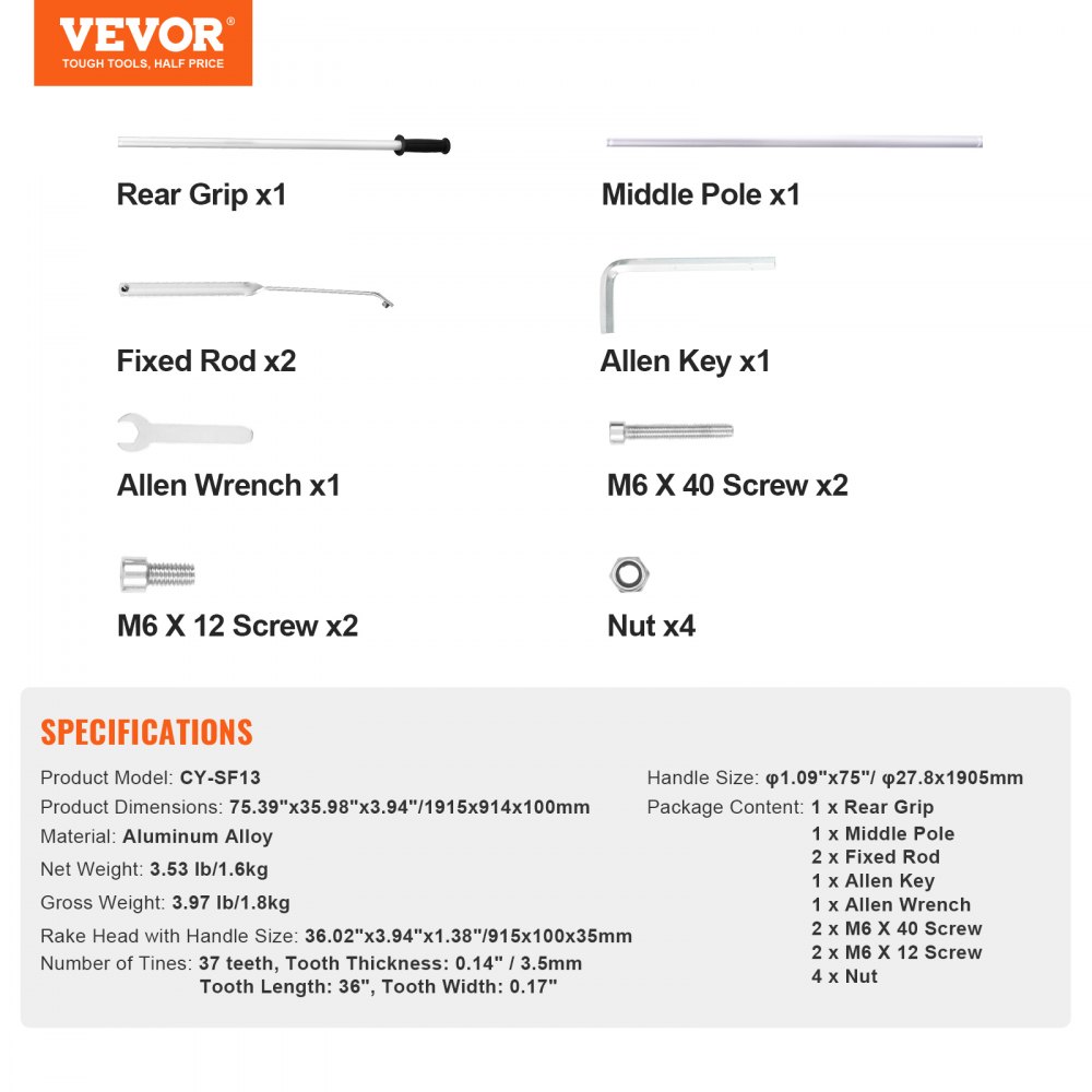 VEVOR Lawn Rake 1915 x 914 x 100 mm, Aluminum Alloy, 37 Tines, Weed Rake, 27.8 x 1905 mm Handle Size, Spring Lock Mechanism, Garden Rake for Land/Water Environments