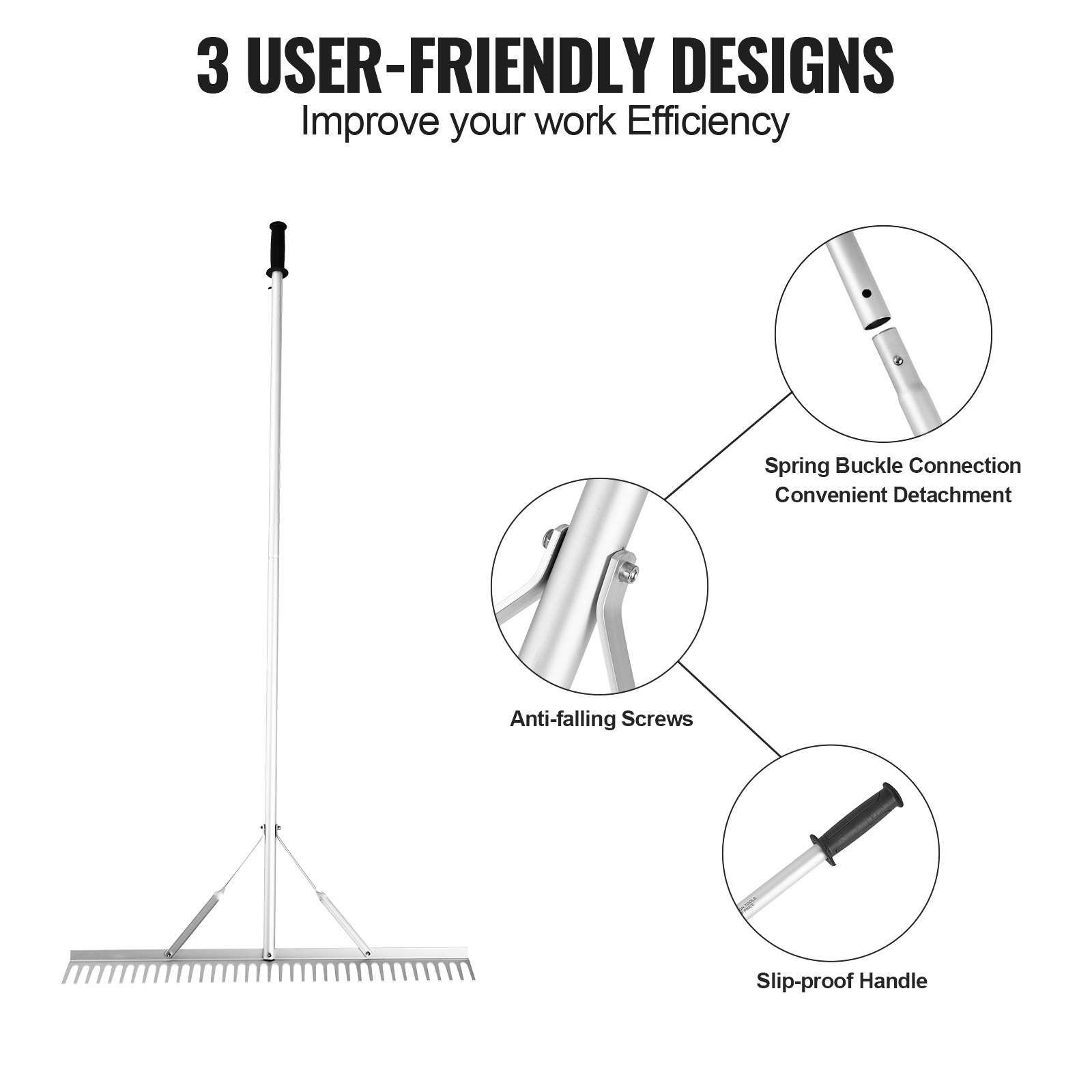 VEVOR Lawn Rake 1915 x 914 x 100 mm, Aluminum Alloy, 37 Tines, Weed Rake, 27.8 x 1905 mm Handle Size, Spring Lock Mechanism, Garden Rake for Land/Water Environments