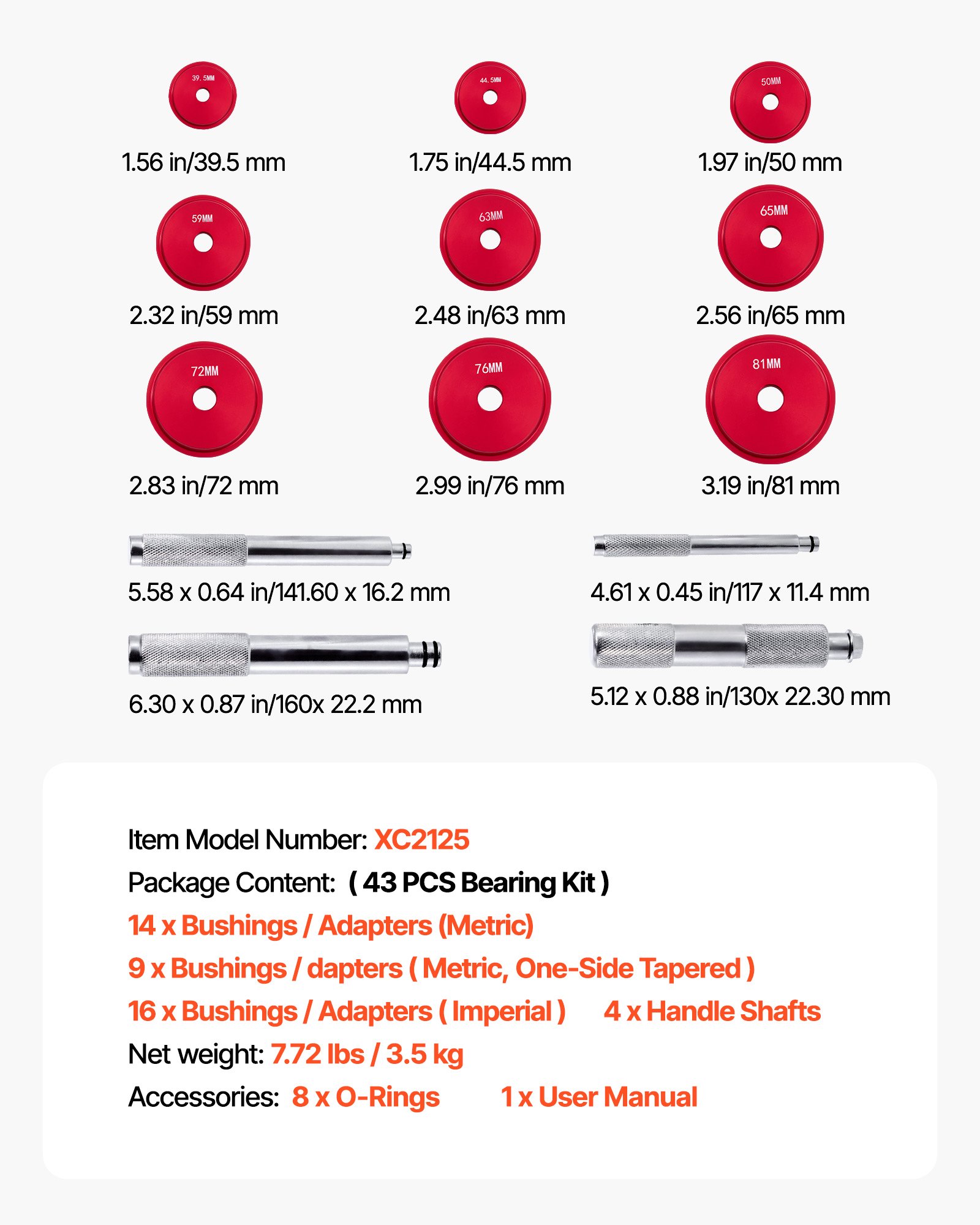 VEVOR Set di Estrattori Separatori per Cuscinetti, 43 Pezzi con 39 Boccole, Albero di Impugnatura, Kit di Utensili per Guida Boccole per Installazione e Rimozione per Impieghi Gravosi con Custodia