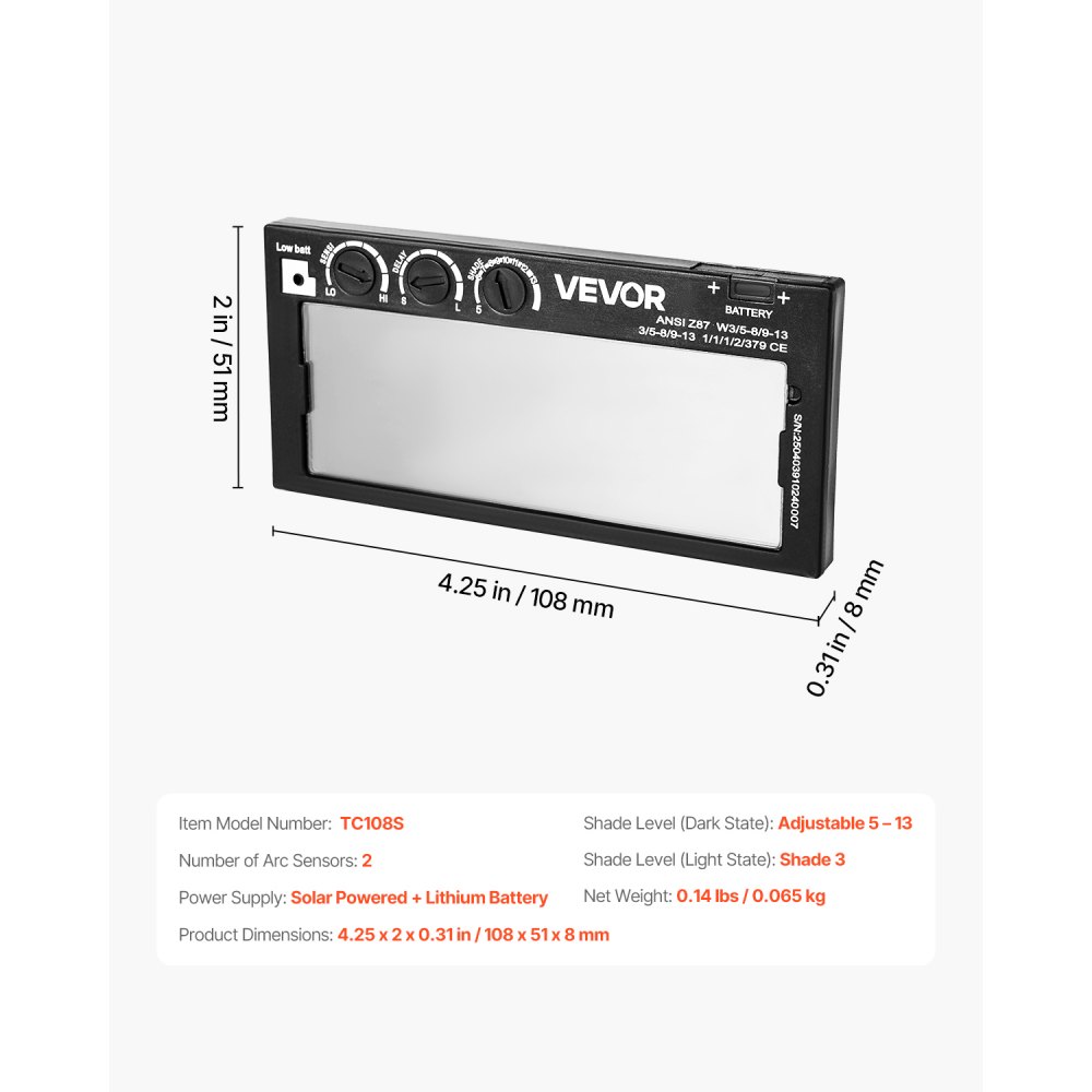 VEVOR Lente per Saldatura Autoscurante 108 x 51 mm, Regolabile Lente per Saldatura a Colori Reali con Gradazione 5-13 e Doppi Sensori ad Arco, per Maggior Parte dei Caschi per TIG, MIG, MMA