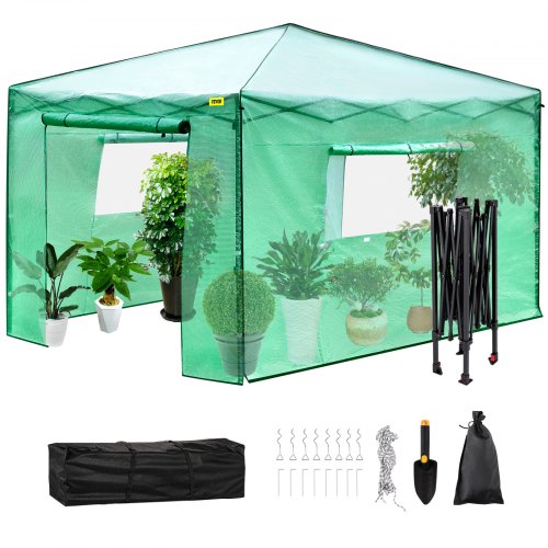 VEVOR Serra Portatile 3,66 x 2,44m da Giardino Telaio Pop-up per Piante Verdure Fiori in PE Plastica, Telo di Serra Portatile da Orto con Porta Finestre Arrotolabile Area Copertura 9,93m2 per Piante