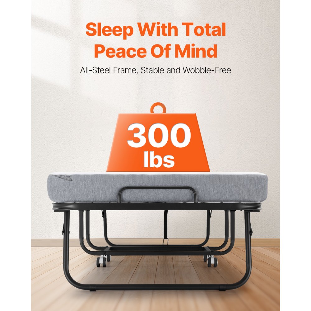 VEVOR Rollaway Bed, Folding Bed with 10 cm Mattress, Foldable Single Bed with Memory Foam Mattress (190 x 81 cm), 136.1 kg Load Capacity Guest Bed for Adults, Metal Bed for Bedroom Living Room