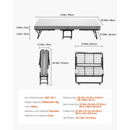 Letto Pieghevole Singolo 90x200 Cm Con Materasso 13 Cm In Schiuma Ad Alta Densità - Telaio In Metallo Con Ruote - Portata 200 Kg - Per Ospiti O Uso Quotidiano
