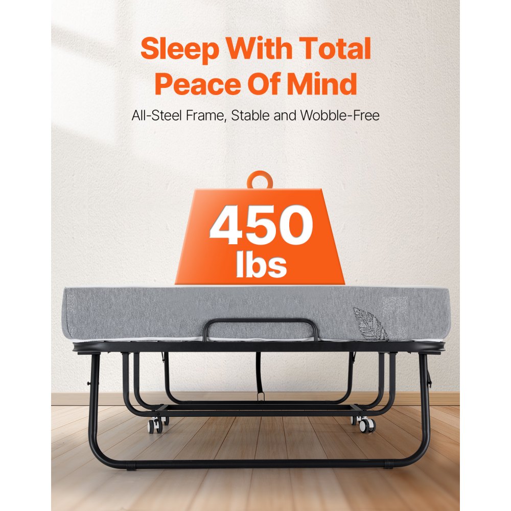 VEVOR Rollaway Bed with 12.7 cm Mattress, Foldable Single Bed with Memory Foam Mattress (190 x 98 cm), 204.1 kg Load Capacity Guest Bed for Adults, Metal Bed for Bedroom