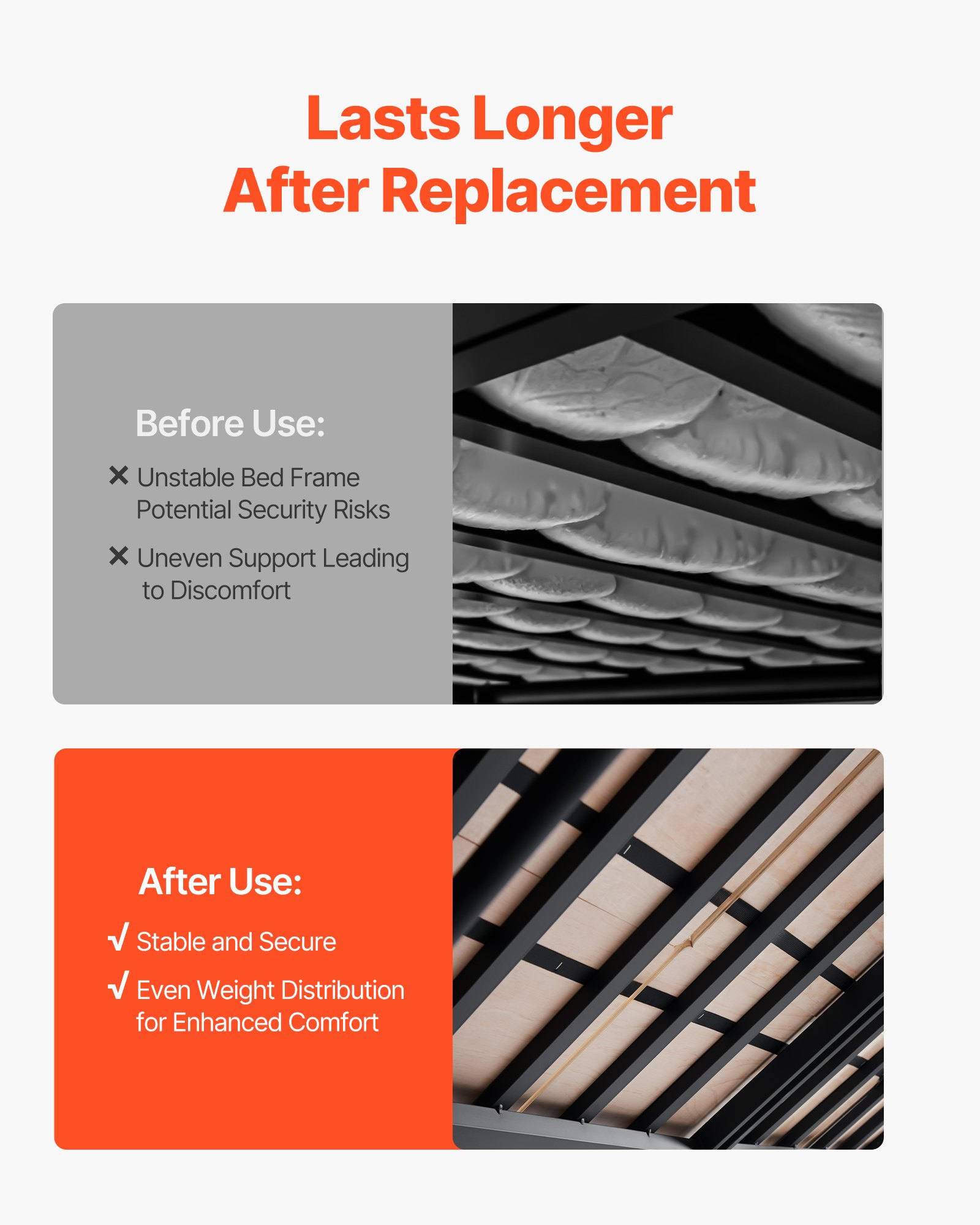 VEVOR Supporto per Materasso a Castello Matrimoniale 1800 x 1300 x 10 mm con Attacco, Supporto per Doghe da Letto, Tavola da Letto Pieghevole, Pronto all'Uso, 8 Pezzi, Legno Naturale