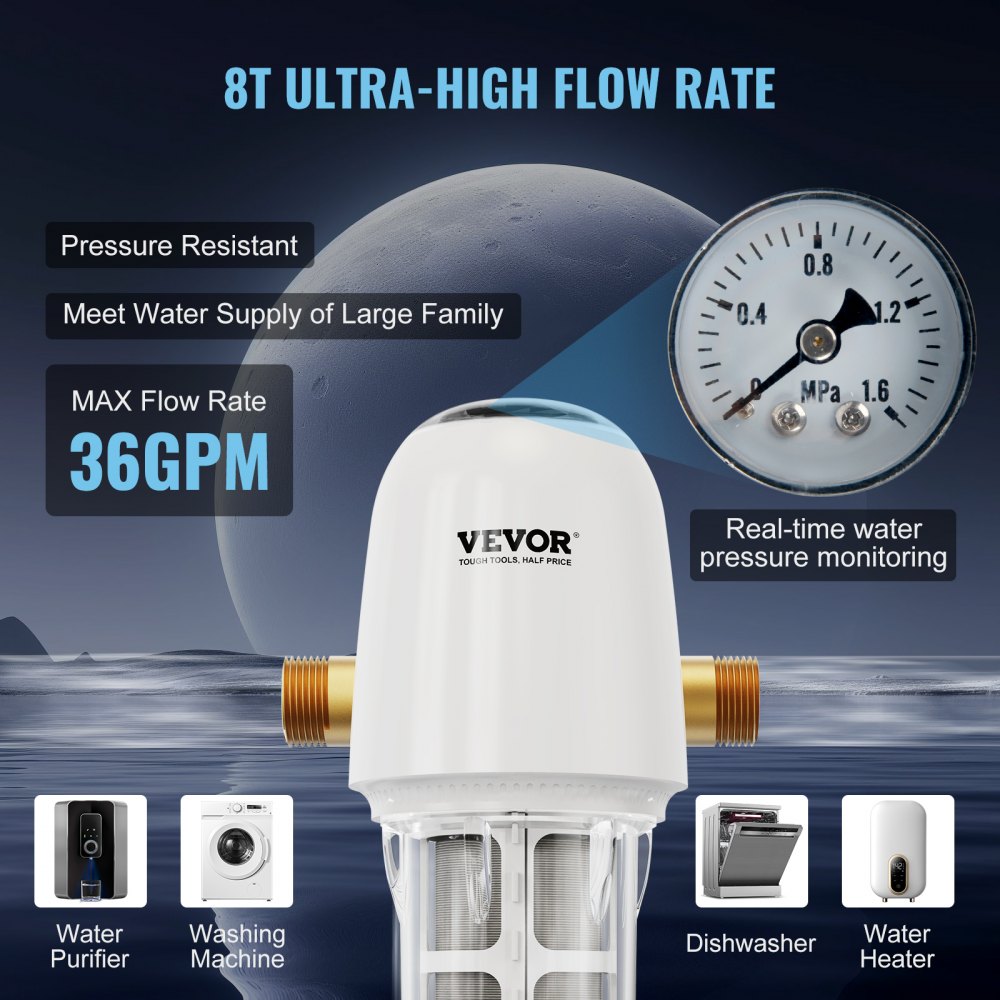VEVOR Prefiltro Acqua Rotante, Filtro Sedimenti Acqua di Pozzo per Tutta la Casa da 40 Micron, 25,4 mm GM + 31,75 mm GM, Portata Alta 8 T/H, per Sistemi di Filtrazione dell'Acqua di Tutta la Casa