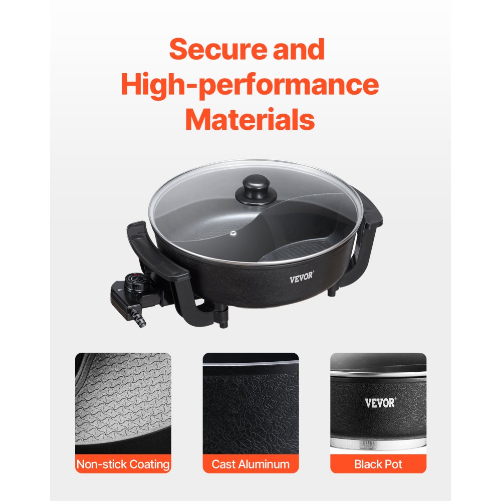 VEVOR Electric Hot Pot 1360 W 5 L Shabu-Shabu Pot with Two Flavors, Non-Stick Electric Stove with Divider, Clear Glass Lid, Temperature Control, Hot Pot for 6-10 People