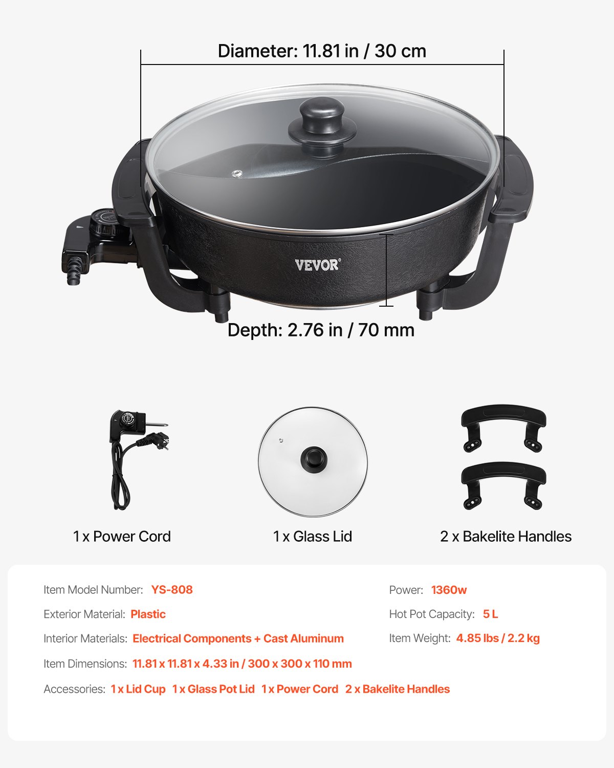 VEVOR Electric Hot Pot 1360 W 5 L Shabu-Shabu Pot with Two Flavors, Non-Stick Electric Stove with Divider, Clear Glass Lid, Temperature Control, Hot Pot for 6-10 People