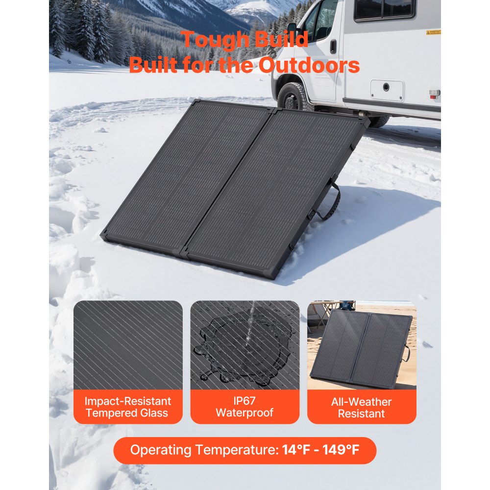 VEVOR Pannello Solare Pieghevole da 100 W con Telaio, Pannello Fotovoltaico Monocristallino Portatile Tipo N da 16 BB, Caricabatterie Solare IP67 Impermeabile con Controller PWM da 30 A Uscita MC4