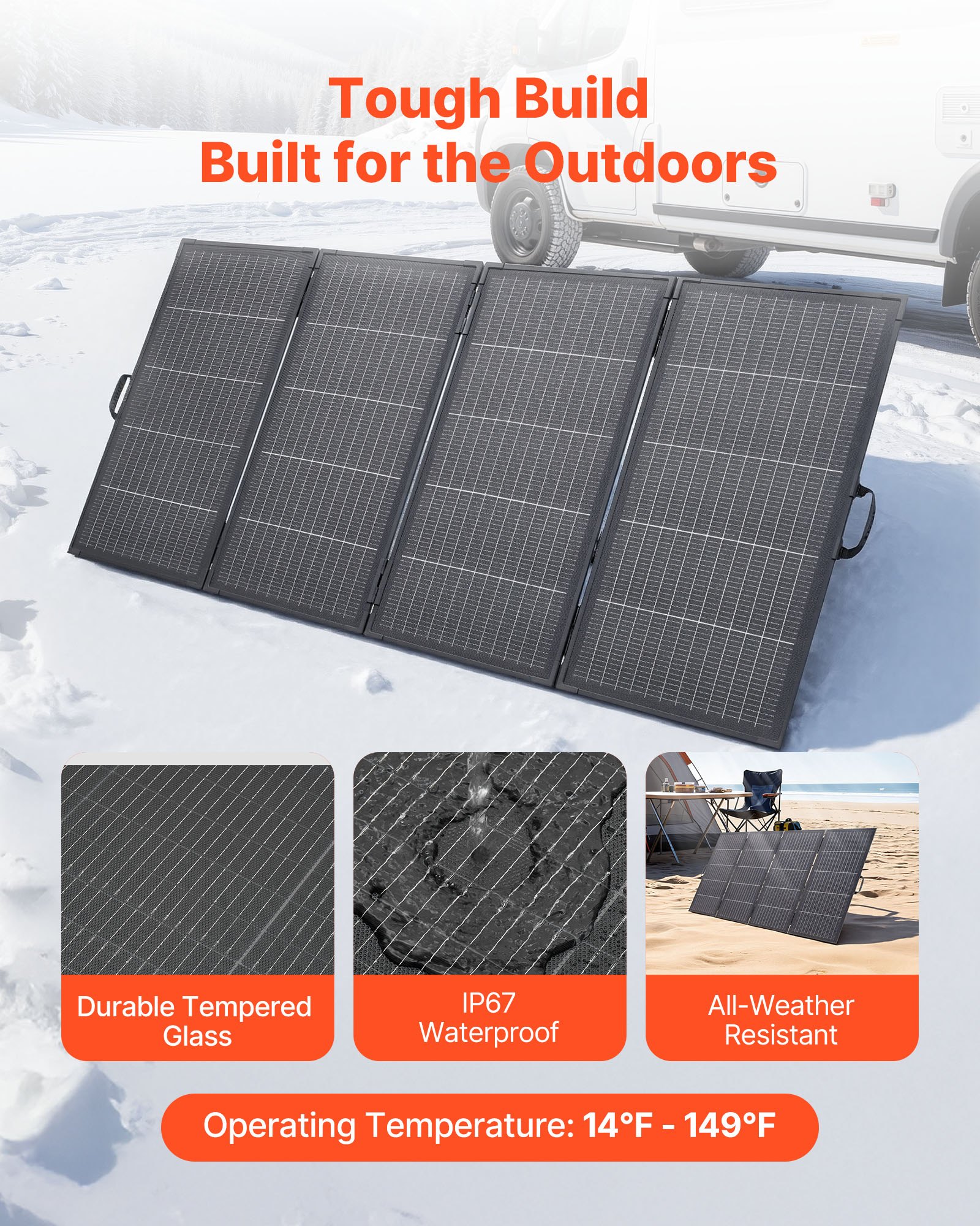 VEVOR Pannello Solare Pieghevole 400 W con Telaio, Pannello Solare Monocristallino di Tipo N da 16 BB, Caricabatterie IP67 con Uscita MC4 e Adattatore CC per Centrali Elettriche, Campeggio