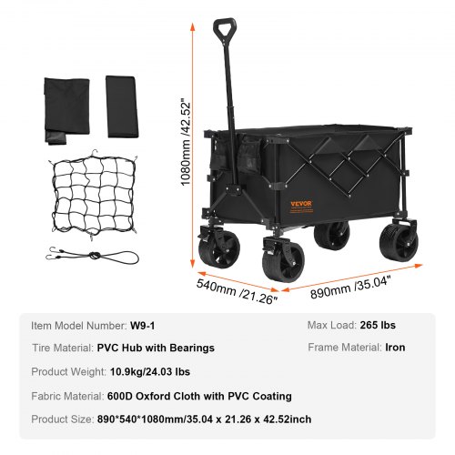 VEVOR Carrello Pieghevole in Tessuto Oxford 600D con 4 Ruote Carico 120 kg ca., Carrello Portaoggetti Colore Nero 890 x 540 x 1080 mm da Giardino Spiaggia Pesca Campeggio, Carrello da Spiaggia 150 L